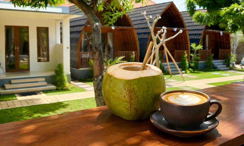 Chilled young coconut and cappuccino offered for guest reviews